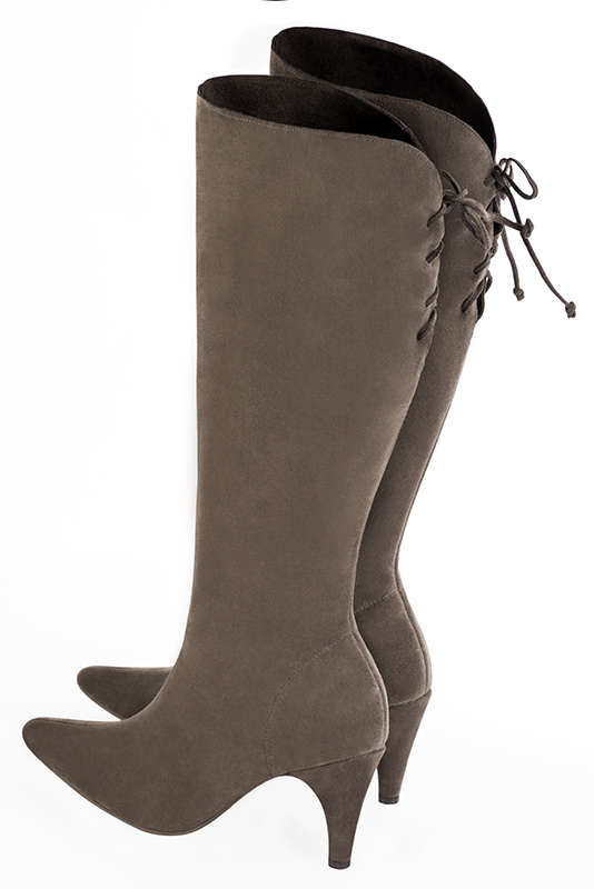 Custom-made women's taupe brown elegant knee-high boots, with laces at the back. Tapered toe. High slim heel - Rear view